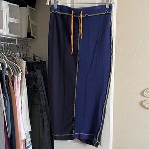 Navy Blue Midi Skirt with Orange Accents